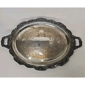 Vtg Poole Silverplate Old English #5000 Oval Footed Handled Serving Tray Large